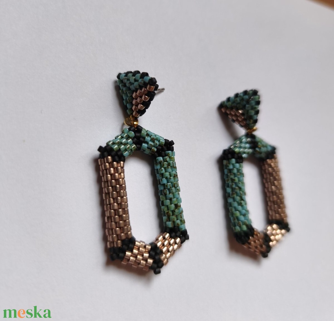 Rosegold �s türkiz fülbevaló japán miyuki gyöngyből  - ékszer - fülbevaló - lógó fülbevaló - Meska.hu