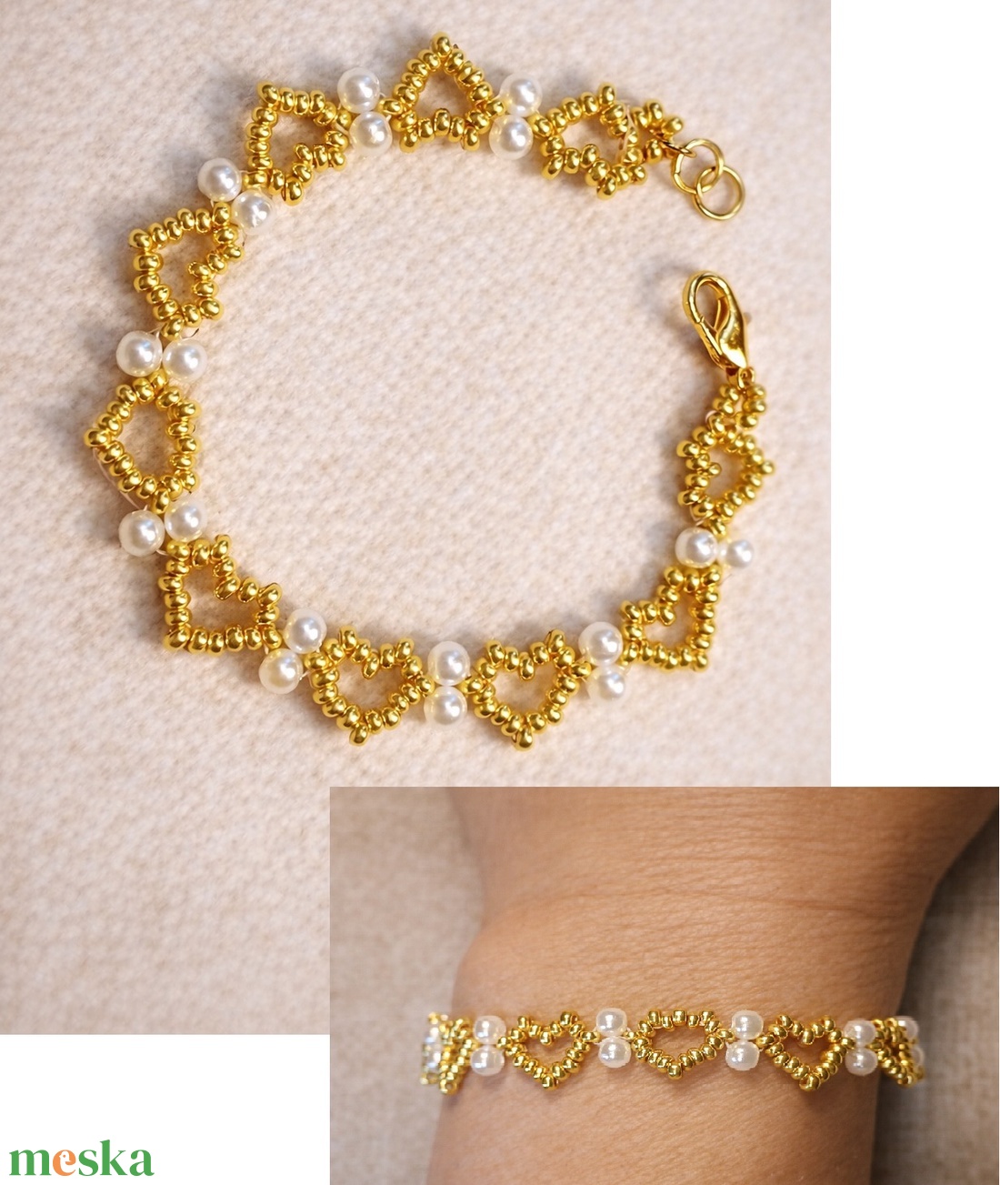 Gyöngy karkötő - arany szívecskékkel - ékszer - karkötő - gyöngyös karkötő - Meska.hu