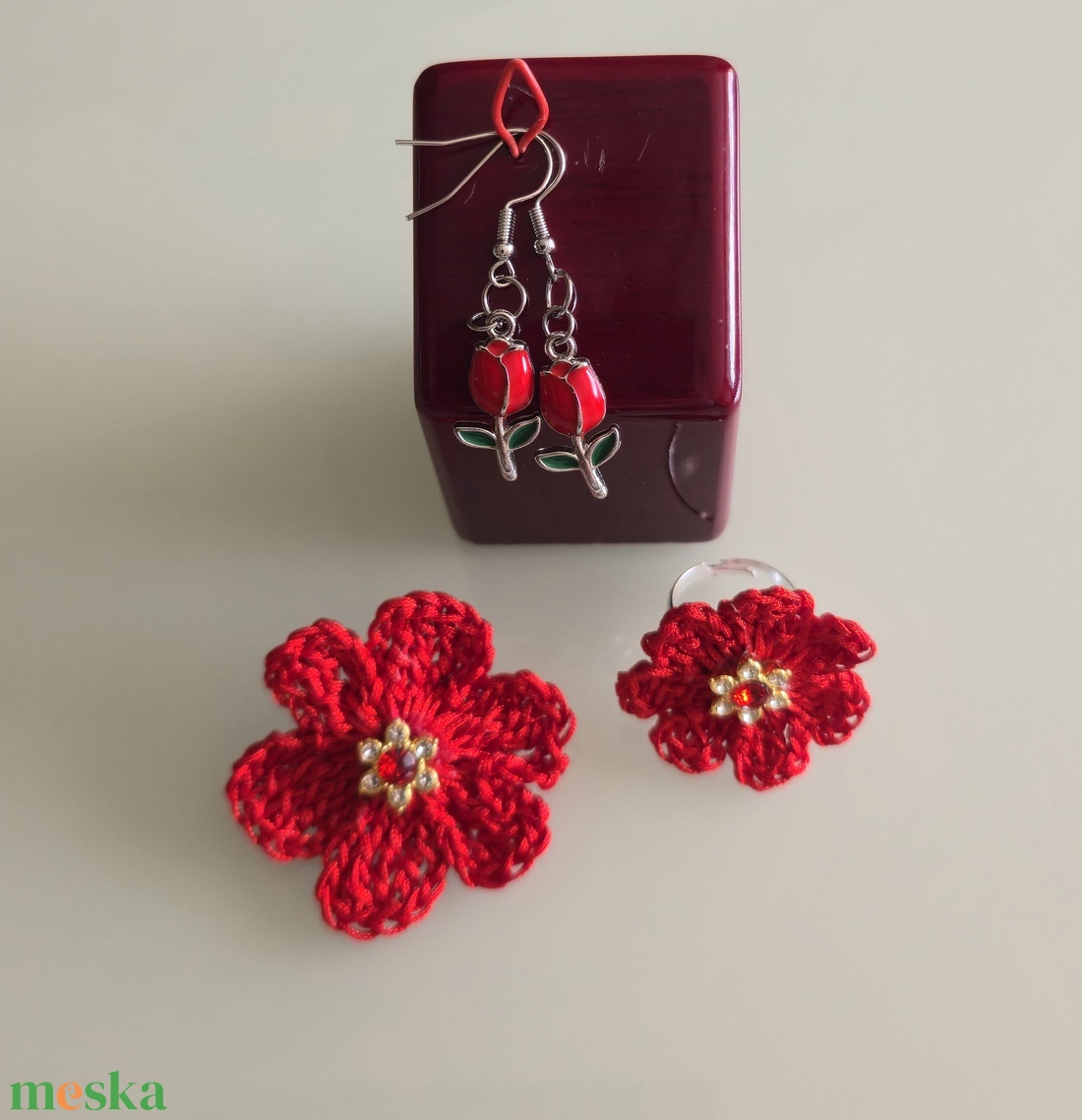Piros virágos szett. - esküvő - ékszer - ékszerszett - Meska.hu