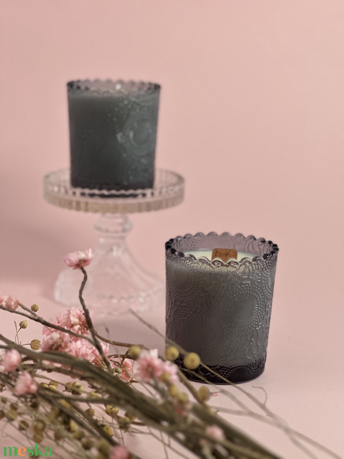 Fekete üveg tégely kicsi tető nélkül fa kanoc love felirattal  - otthon & életmód - gyertya, illat, aroma - gyertya - Meska.hu