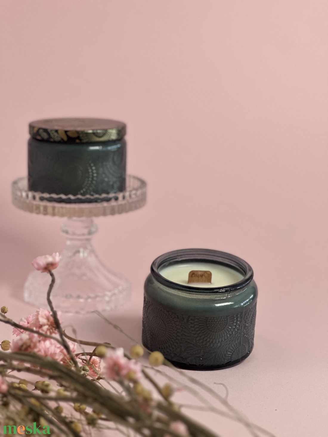 Fekete mintás üvegtégely fa kanóc love felirattal  - otthon & életmód - gyertya, illat, aroma - gyertya - Meska.hu