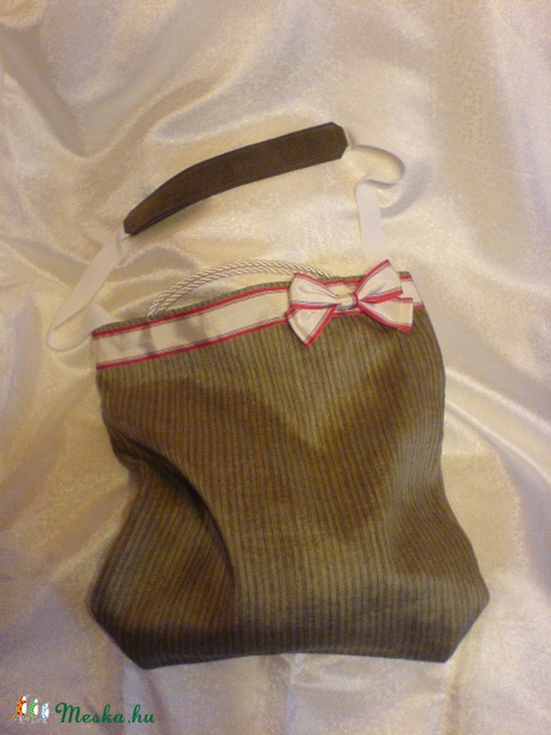 Textiltáska masnival - olajzöld, csíkos - táska & tok - bevásárlás & shopper táska - shopper, textiltáska, szatyor - Meska.hu