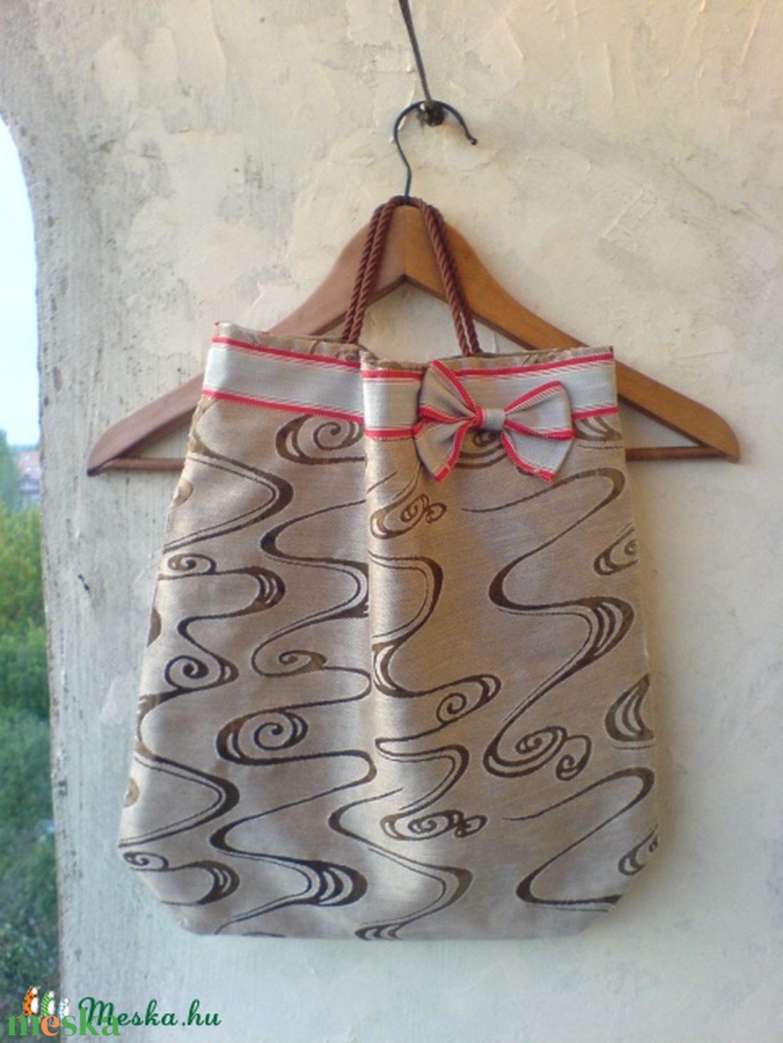 Textiltáska masnival - barna, hullámos mintás - táska & tok - bevásárlás & shopper táska - shopper, textiltáska, szatyor - Meska.hu