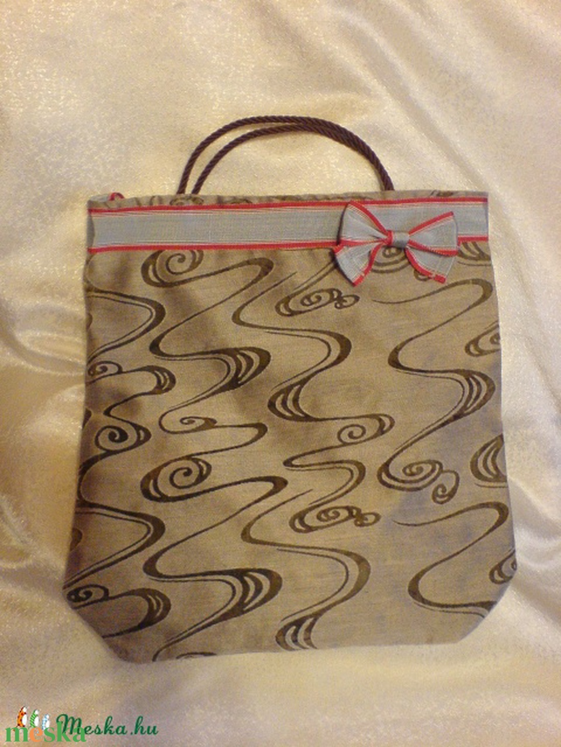 Textiltáska masnival - barna, hullámos mintás - táska & tok - bevásárlás & shopper táska - shopper, textiltáska, szatyor - Meska.hu