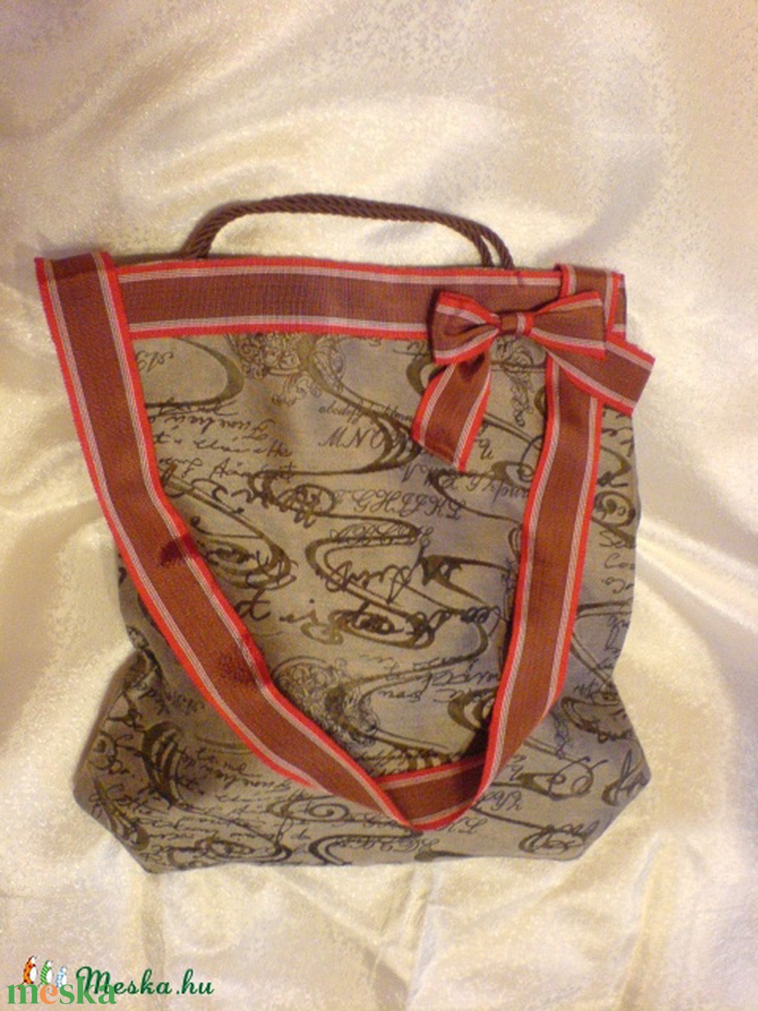 Textiltáska masnival - barna, hullámos mintás - táska & tok - bevásárlás & shopper táska - shopper, textiltáska, szatyor - Meska.hu
