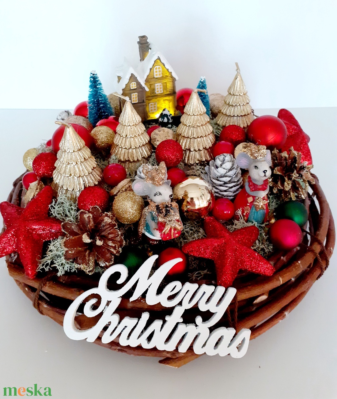  Karácsonyi asztaldísz egér párral,fenyő gyertyával,világitó házzal - karácsony - adventi díszek - adventi asztaldísz - Meska.hu