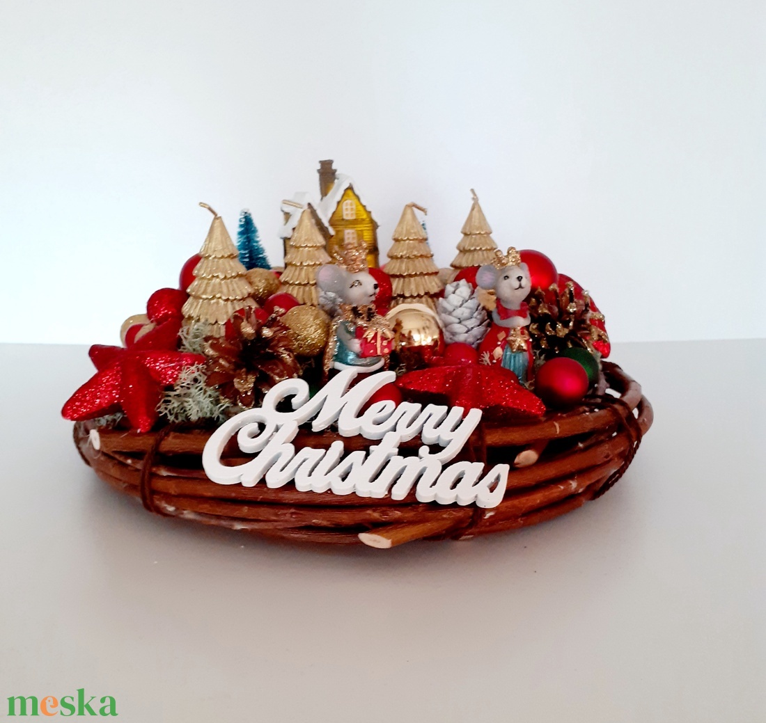  Karácsonyi asztaldísz egér párral,fenyő gyertyával,világitó házzal - karácsony - adventi díszek - adventi asztaldísz - Meska.hu