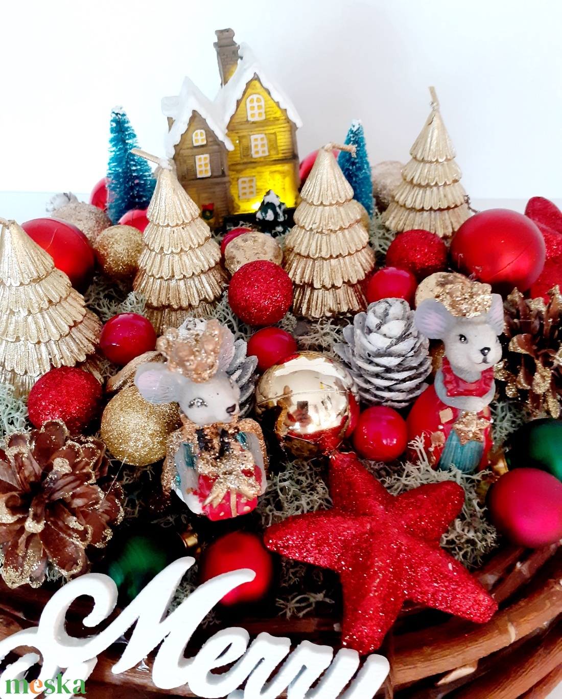  Karácsonyi asztaldísz egér párral,fenyő gyertyával,világitó házzal - karácsony - adventi díszek - adventi asztaldísz - Meska.hu