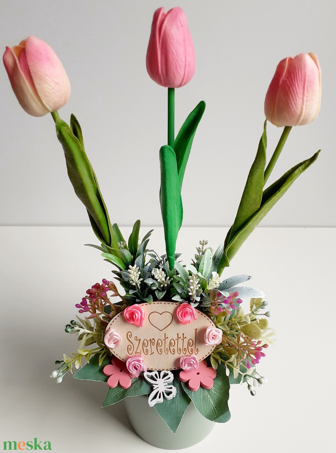 Tavaszi asztaldísz,rózsaszín tulipánokkal - otthon & lakás - dekoráció - asztal és polc dekoráció - asztaldísz - Meska.hu