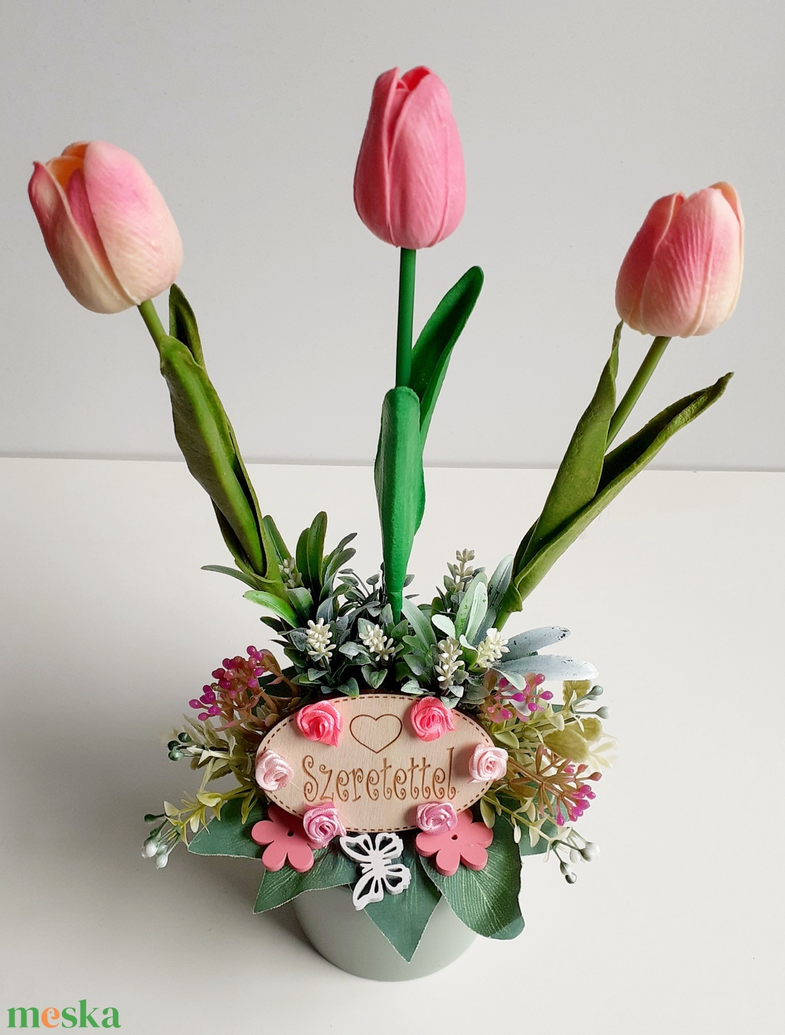 Tavaszi asztaldísz,rózsaszín tulipánokkal - otthon & lakás - dekoráció - asztal és polc dekoráció - asztaldísz - Meska.hu