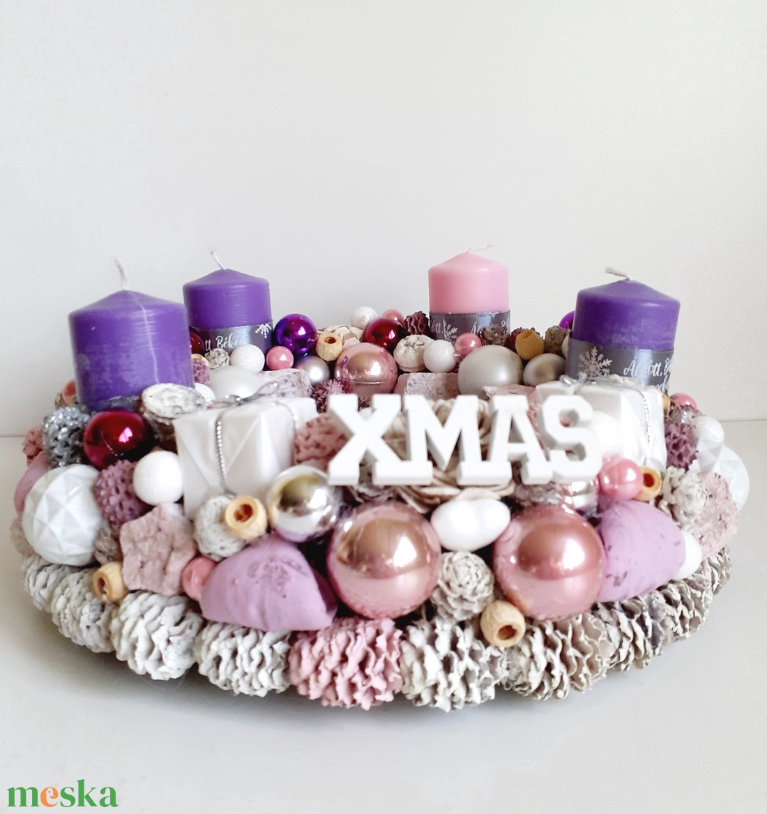 Adventi asztaldísz rózsaszín árnyalatban - karácsony - adventi díszek - adventi asztaldísz - Meska.hu