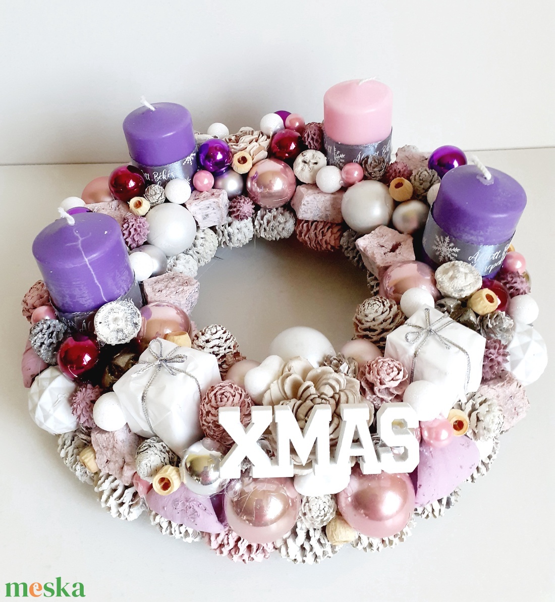 Adventi asztaldísz rózsaszín árnyalatban - karácsony - adventi díszek - adventi asztaldísz - Meska.hu