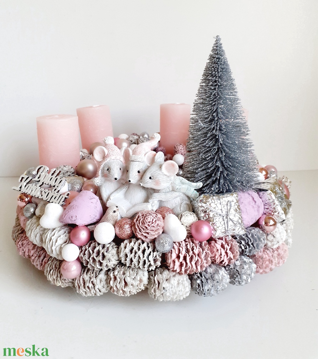 Adventi asztaldísz-Rózsaszín egerek - karácsony - adventi díszek - adventi koszorú - Meska.hu