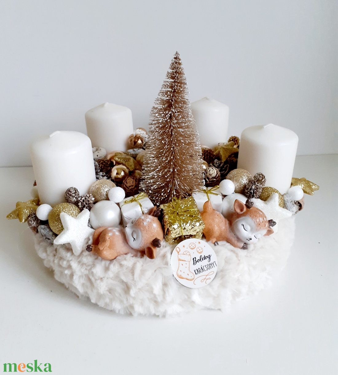 Adventi koszorú kedves őzikékkel és fenyőfával - karácsony - adventi díszek - adventi asztaldísz - Meska.hu