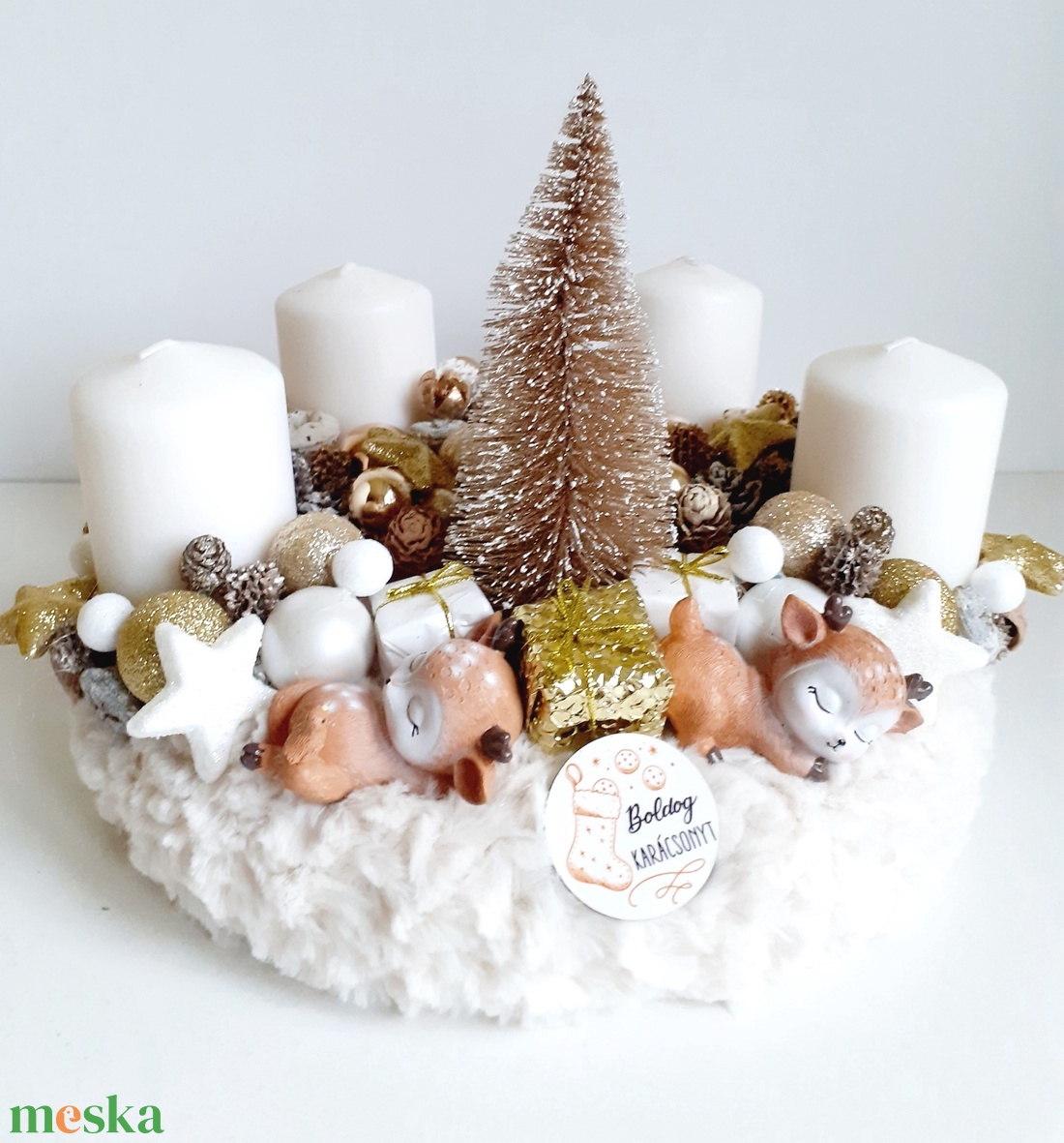 Adventi koszorú kedves őzikékkel és fenyőfával - karácsony - adventi díszek - adventi asztaldísz - Meska.hu