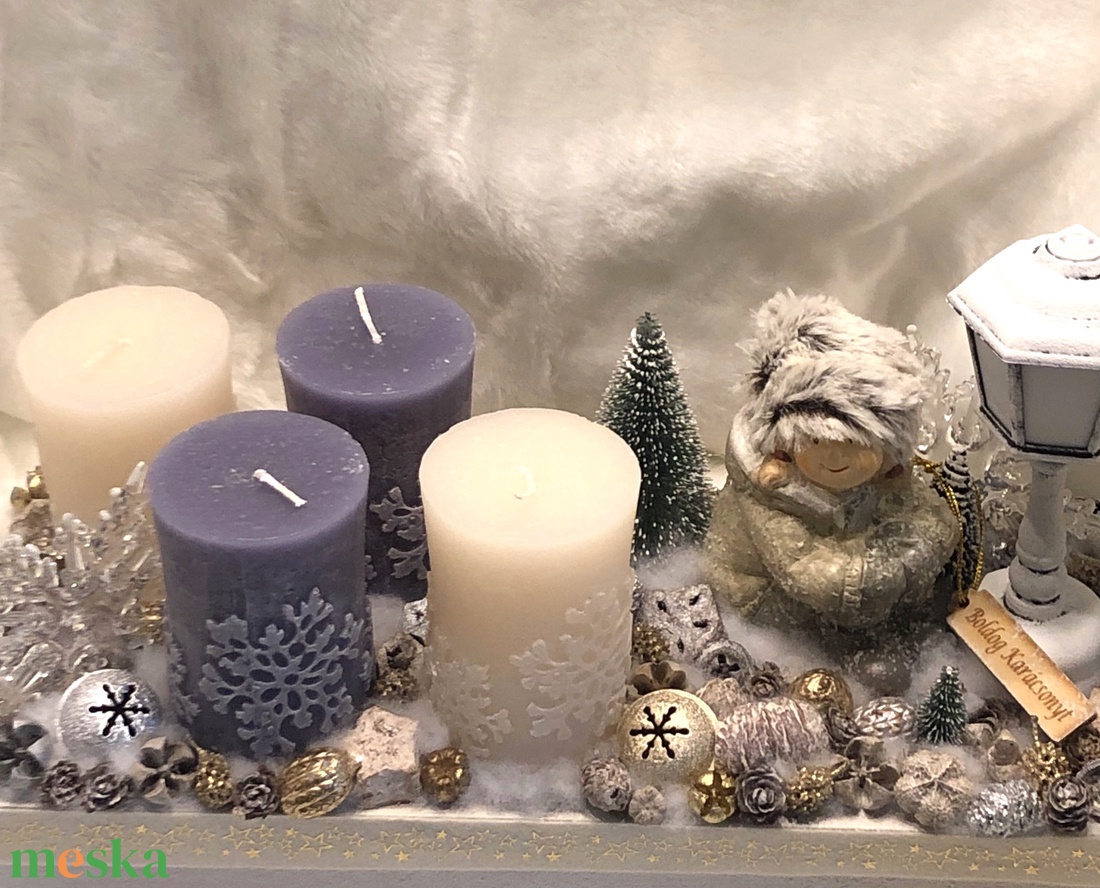 Adventi asztali dísz fa alapban kerámia dísszel, világító - karácsony - adventi díszek - adventi asztaldísz - Meska.hu