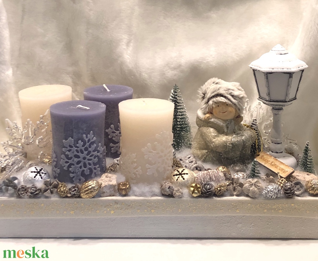 Adventi asztali dísz fa alapban kerámia dísszel, világító - karácsony - adventi díszek - adventi asztaldísz - Meska.hu