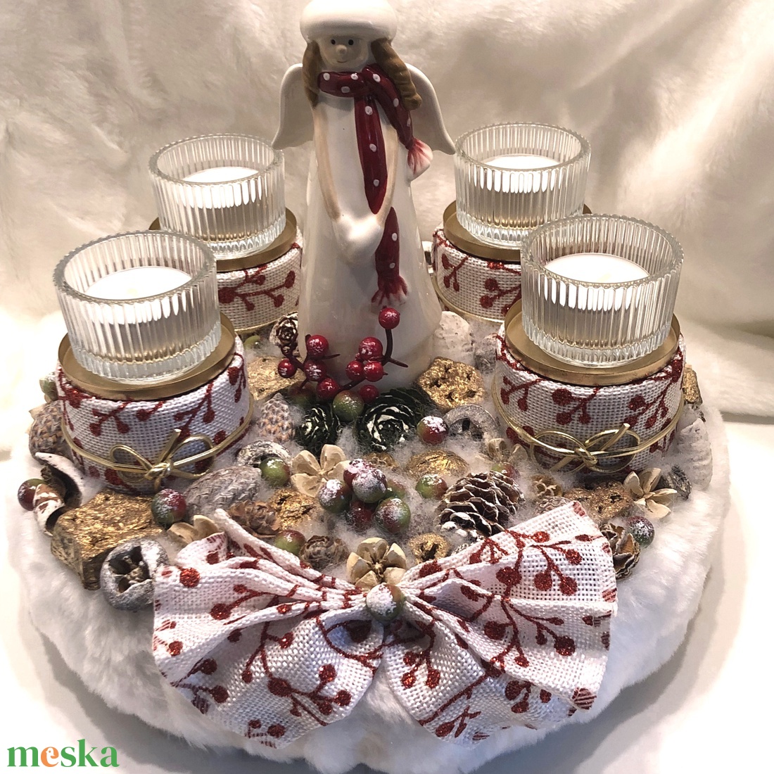 Adventi koszorú mécsesekkel, kerámia angyalkával - karácsony - adventi díszek - adventi koszorú - Meska.hu