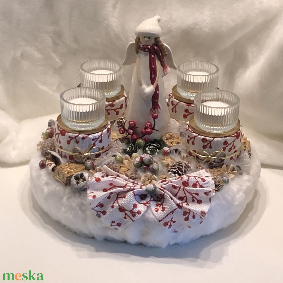 Adventi koszorú mécsesekkel, kerámia angyalkával - karácsony - adventi díszek - adventi koszorú - Meska.hu