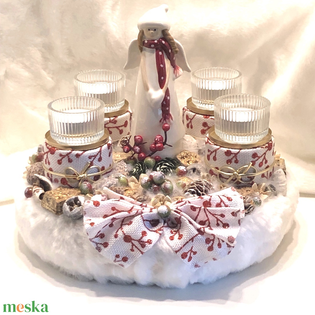 Adventi koszorú mécsesekkel, kerámia angyalkával - karácsony - adventi díszek - adventi koszorú - Meska.hu