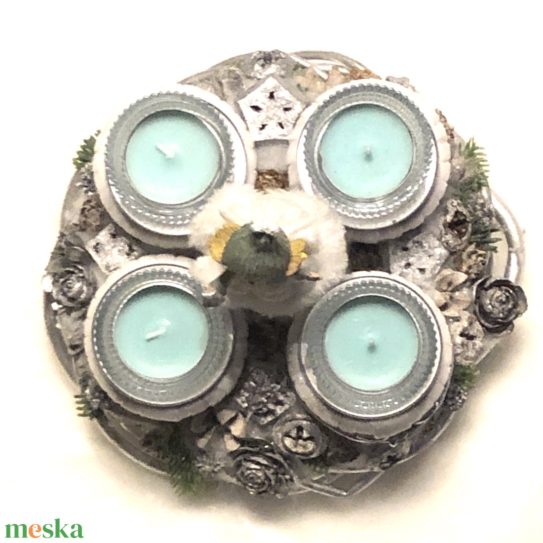 Kis méretű ezüst - menta adventi koszorú mécsesekkel - karácsony - adventi díszek - adventi koszorú - Meska.hu