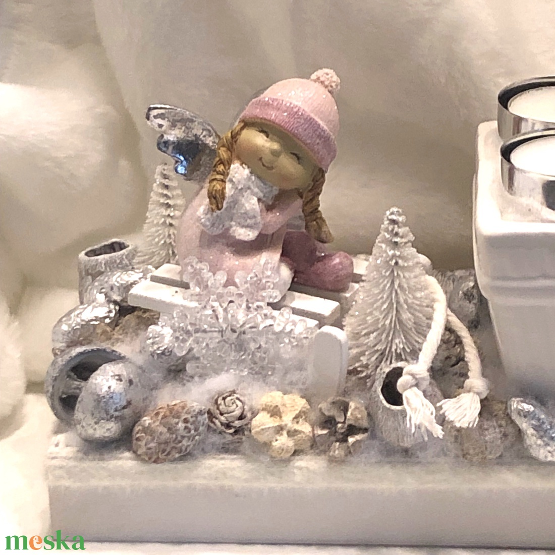 Fa alapú adventi dísz 4 db mécsessel, angyalkákkal - karácsony - adventi díszek - adventi koszorú - Meska.hu