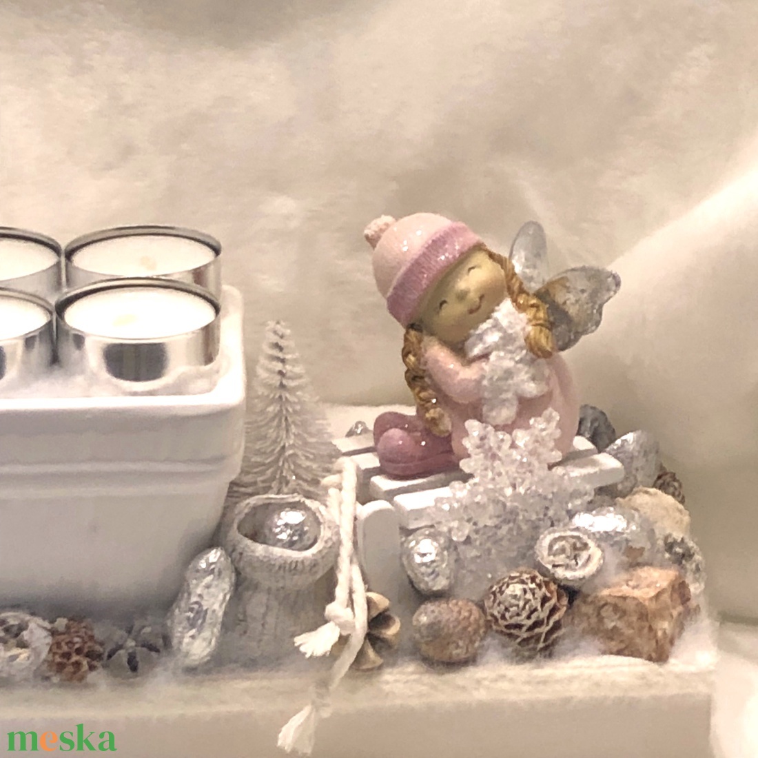 Fa alapú adventi dísz 4 db mécsessel, angyalkákkal - karácsony - adventi díszek - adventi koszorú - Meska.hu