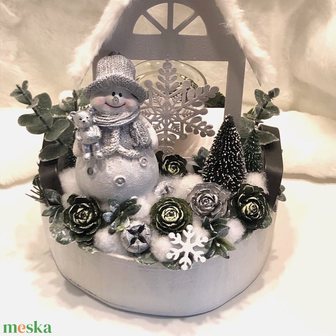 Adventi és karácsonyi hóemberes asztaldísz mécsessel - karácsony - adventi díszek - adventi asztaldísz - Meska.hu