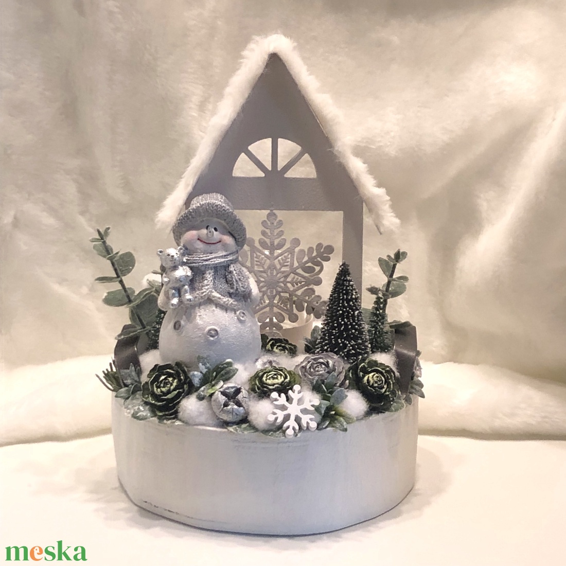 Adventi és karácsonyi hóemberes asztaldísz mécsessel - karácsony - adventi díszek - adventi asztaldísz - Meska.hu