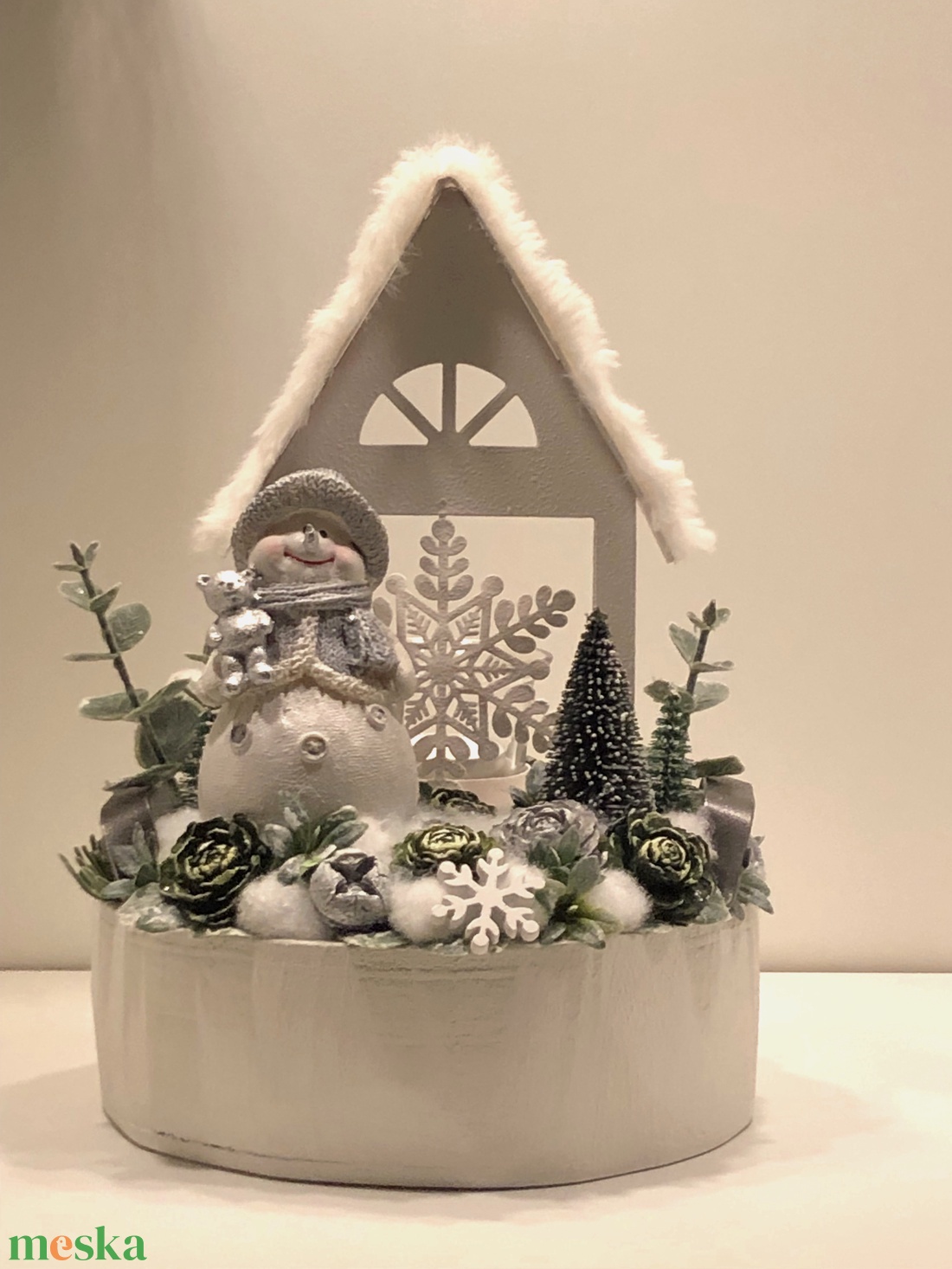 Adventi és karácsonyi hóemberes asztaldísz mécsessel - karácsony - adventi díszek - adventi asztaldísz - Meska.hu