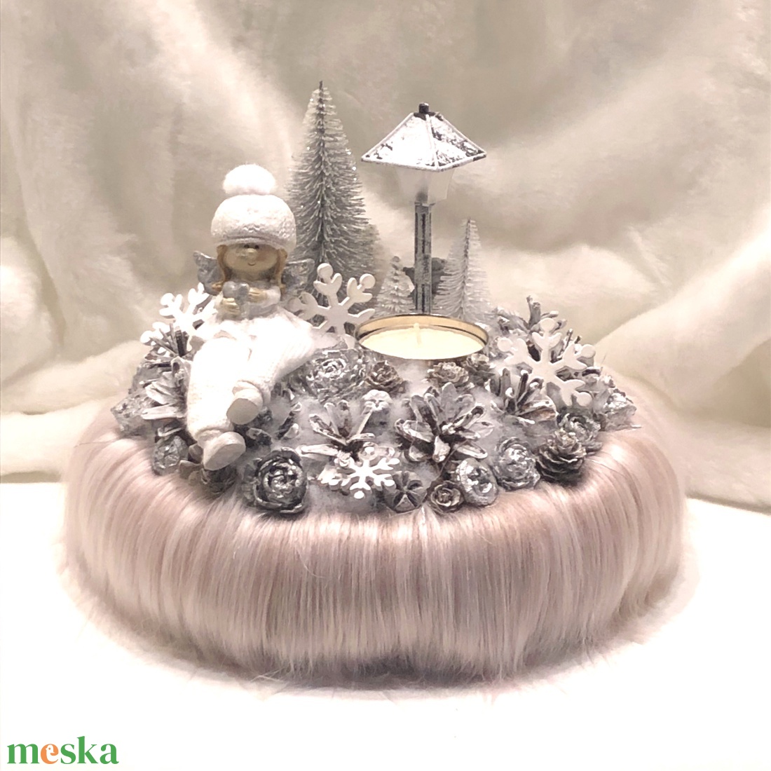 Adventi és karácsonyi asztaldísz angyalkával, mécsessel, világítással - karácsony - adventi díszek - adventi asztaldísz - Meska.hu