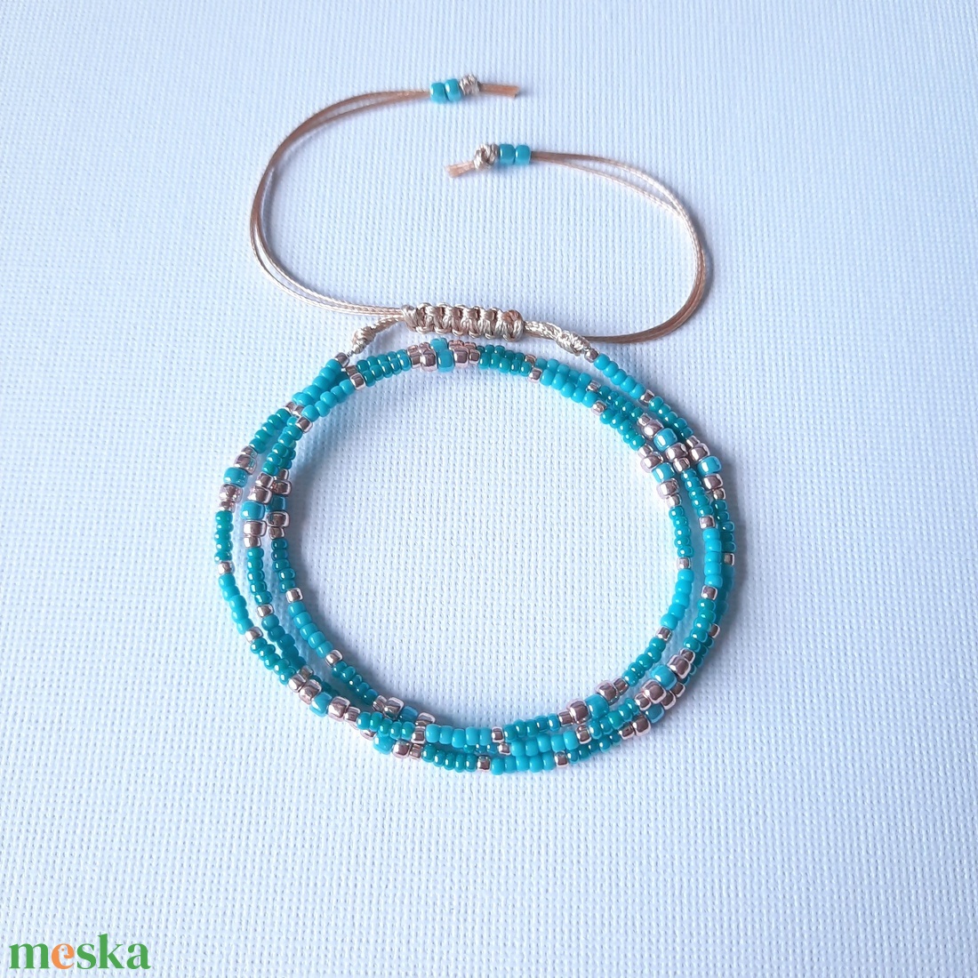 Türkiz 3 soros, viaszolt zsinóros karkötő - ékszer - karkötő - gyöngyös karkötő - Meska.hu