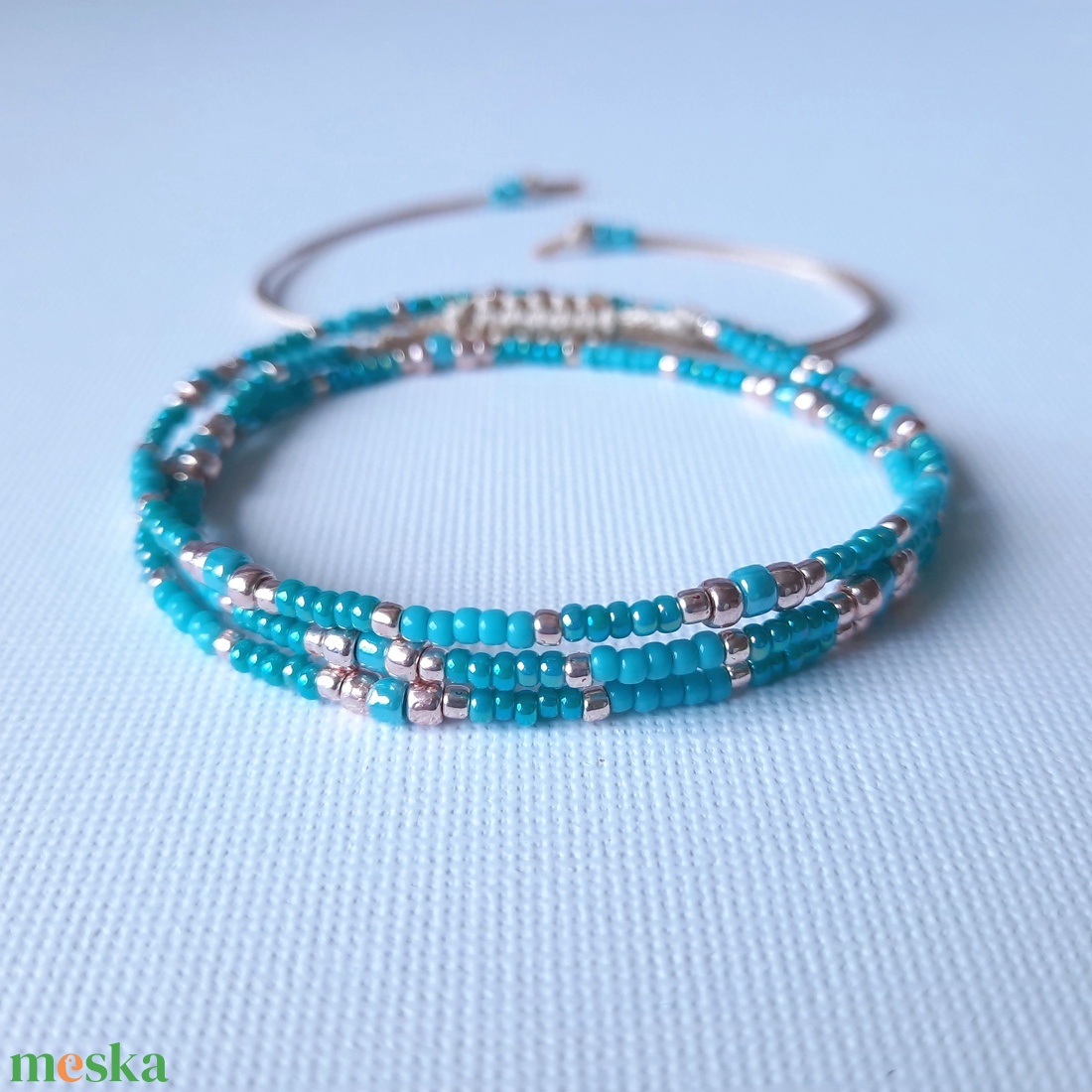 Türkiz 3 soros, viaszolt zsinóros karkötő - ékszer - karkötő - gyöngyös karkötő - Meska.hu