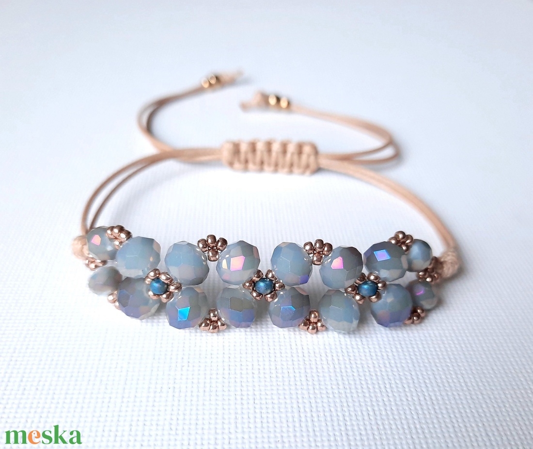 Lilásszürke csiszolt üveg, viaszolt zsinóros karkötő + fülbevaló szett - ékszer - ékszerszett - Meska.hu