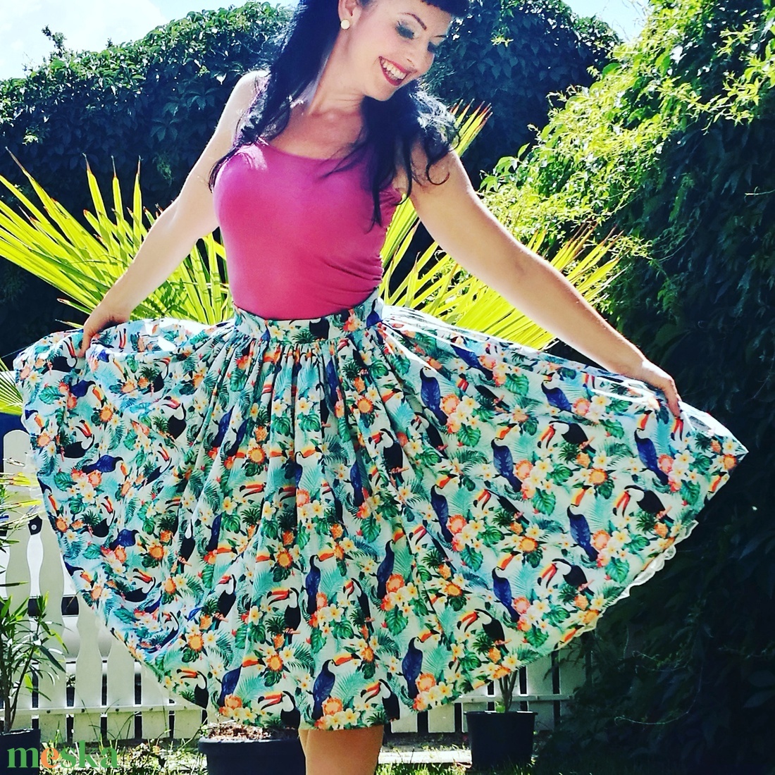 Pinup Rockabilly szoknya, tukán és trópusi mintás, virágos - ruha & divat - női ruha - szoknya - Meska.hu