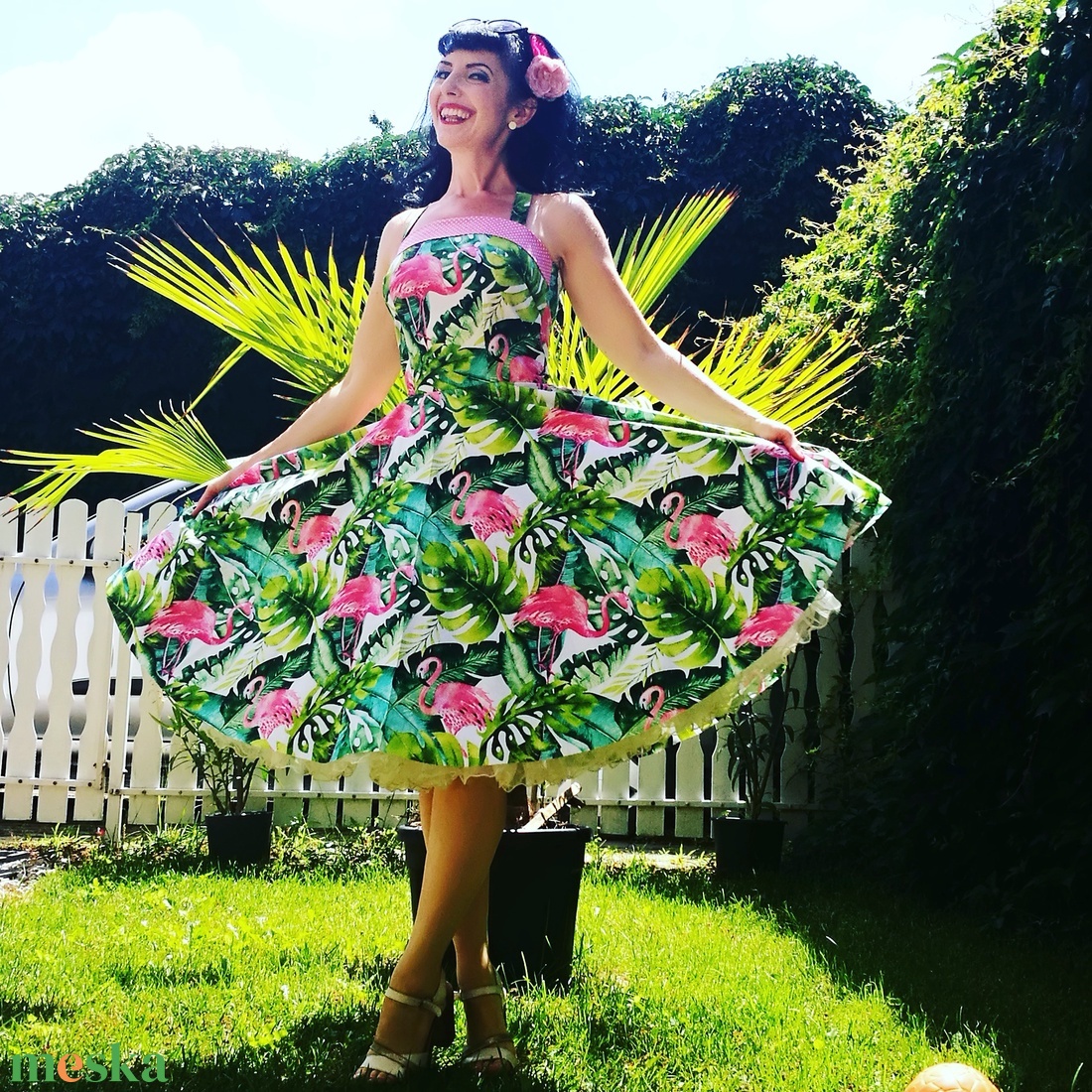 Pinup Rockabilly ruha, Flamingó mintás, trópusi virágos - ruha & divat - női ruha - ruha - Meska.hu Pinup Rockabilly ruha, Flamingó mintás, trópusi virágos - ruha & divat - női ruha - ruha - Meska.hu