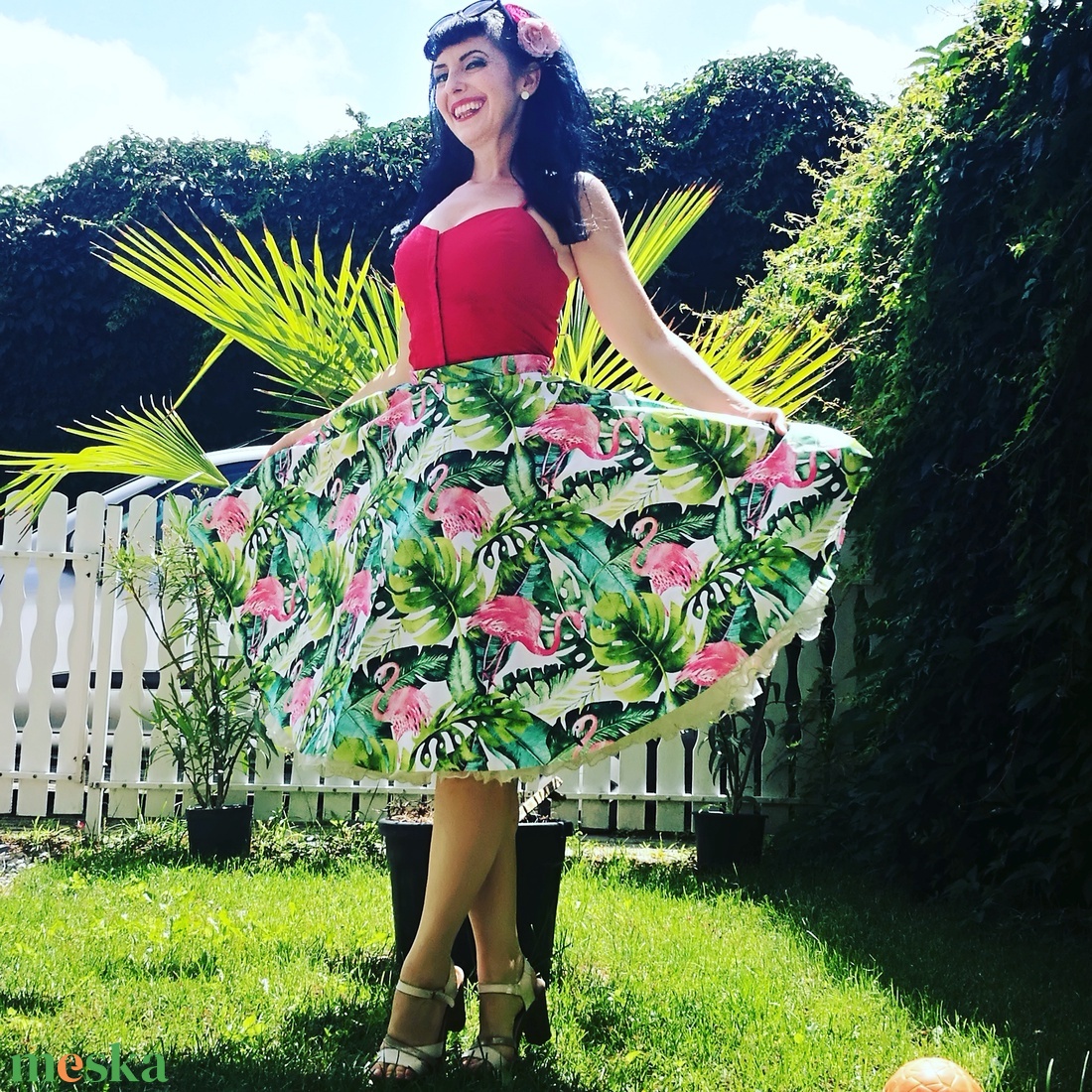 Pinup Rockabilly szoknya, Flamingó mintás, trópusi virágos - ruha & divat - női ruha - szoknya - Meska.hu