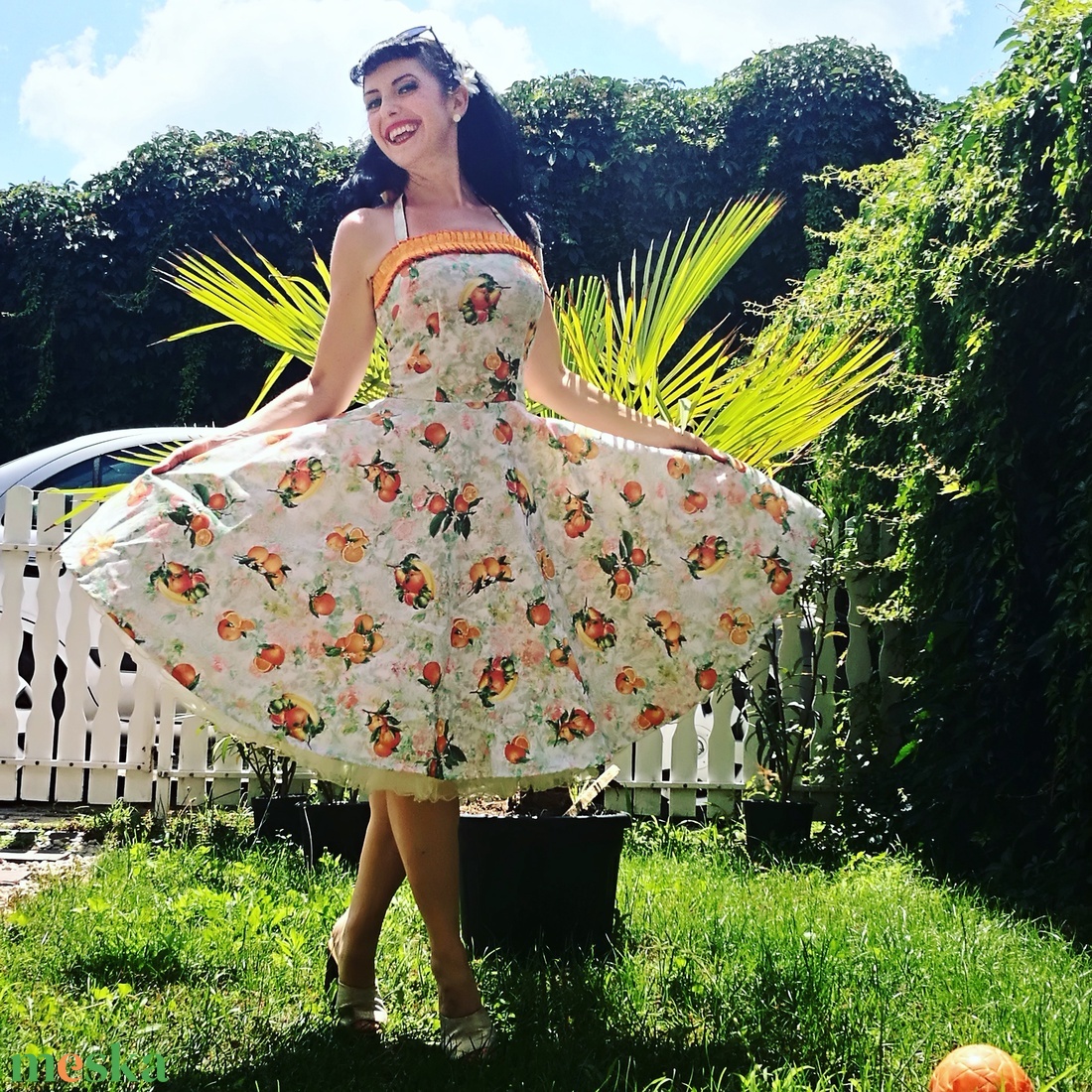 Pinup Rockabilly ruha, gyümölcs mintás, narancs, citrom, banán, trópusi virágos - ruha & divat - női ruha - ruha - Meska.hu