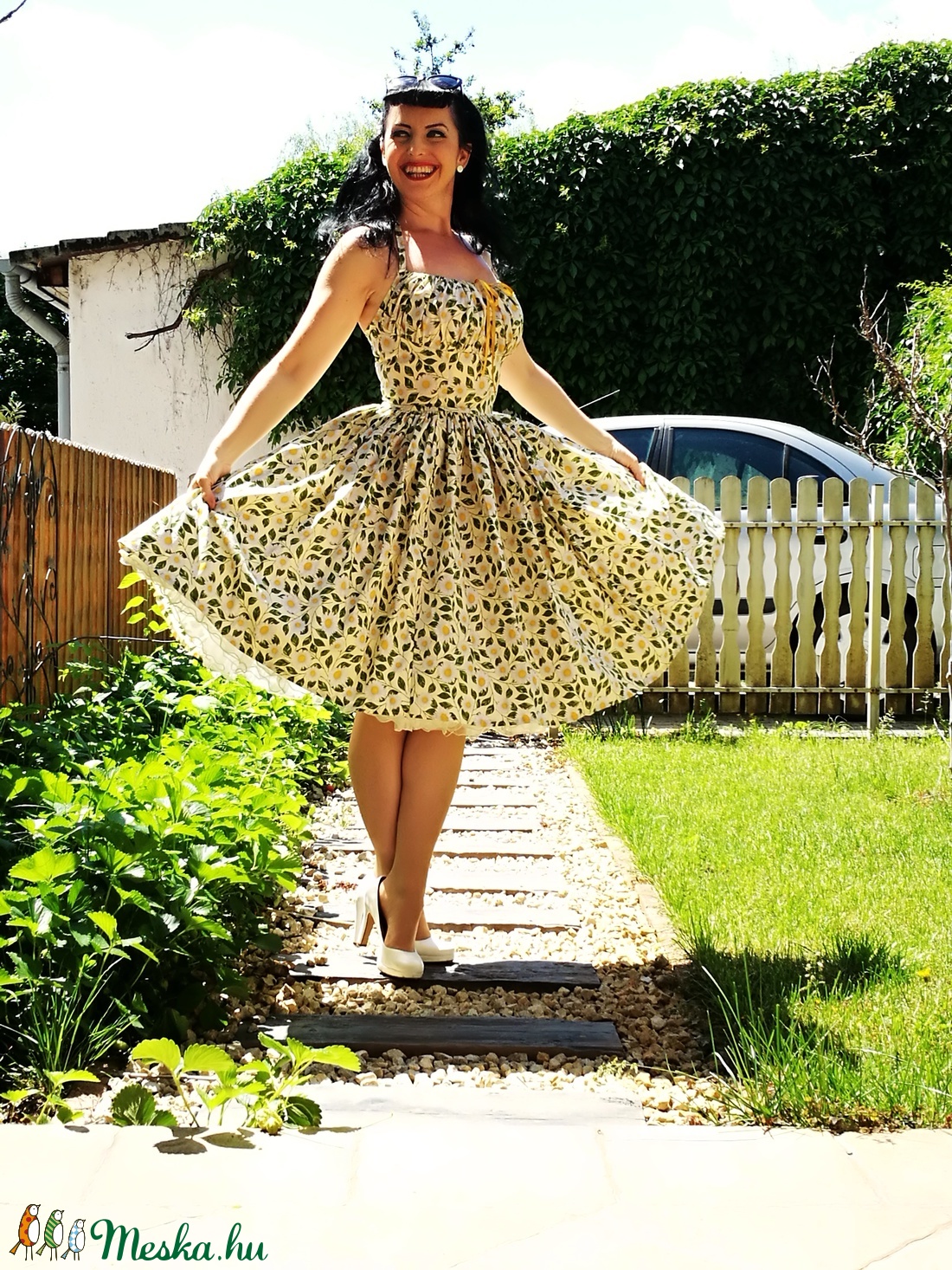 Pinup Rockabilly ruha, százszorszép mintás, virágos sárga  - ruha & divat - női ruha - ruha - Meska.hu