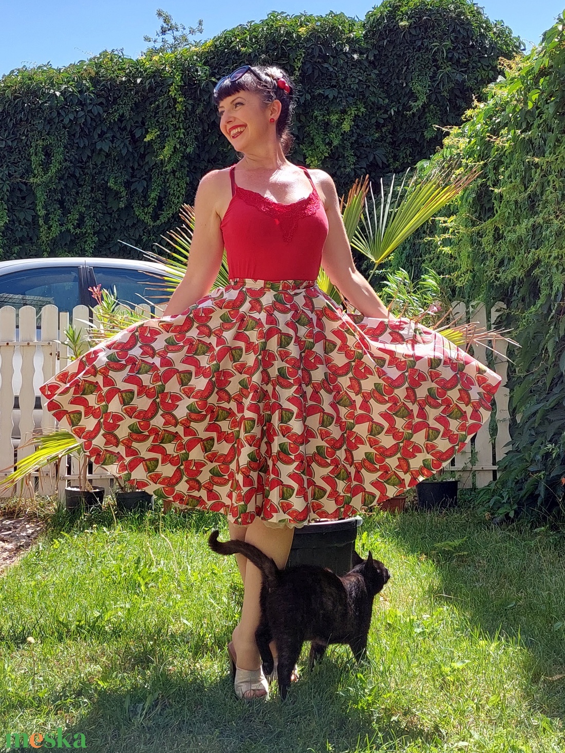 Pinup Rockabilly szoknya dinnye mintás - ruha & divat - női ruha - szoknya - Meska.hu