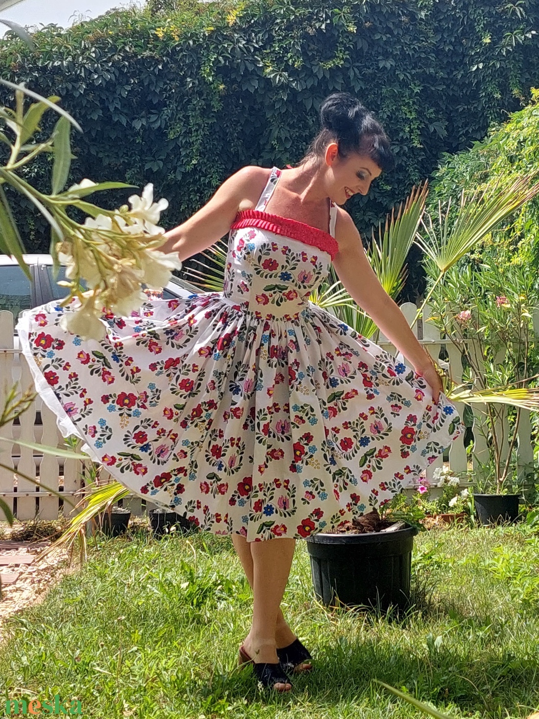 Folk Rockabilly ruha, kalocsai mintás fehér  - ruha & divat - női ruha - ruha - Meska.hu