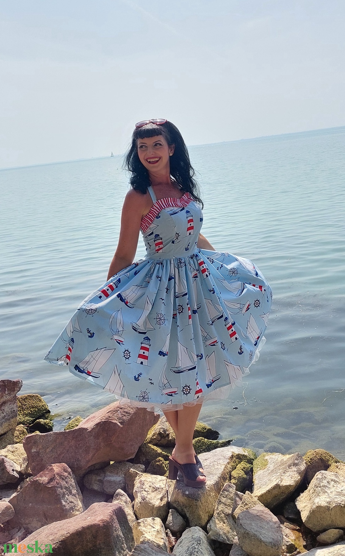 Pinup Rockabilly ruha vitorlás,  sirály mintás,  tengeres - ruha & divat - női ruha - ruha - Meska.hu