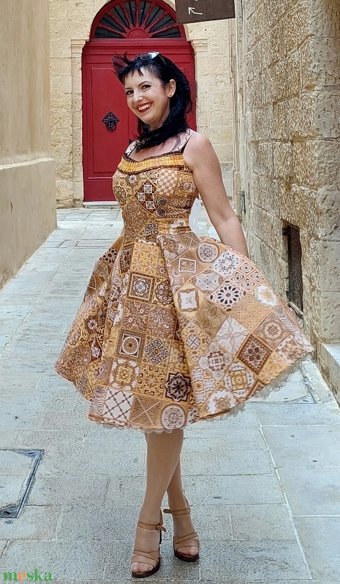 Pinup Rockabilly ruha, antik azulejo mintás  - ruha & divat - női ruha - ruha - Meska.hu