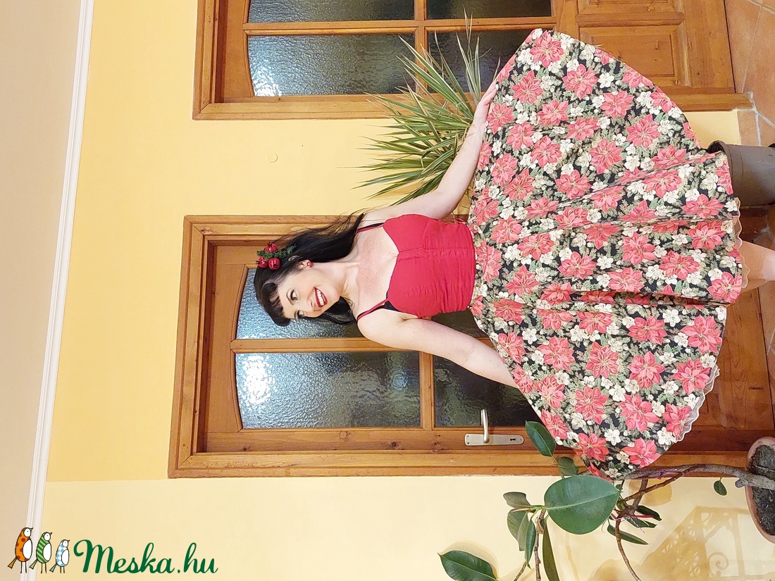 Folk Rockabilly szoknya Mikulás virágos arannyal futtatottkarácsonyi mintás  - ruha & divat - női ruha - szoknya - Meska.hu