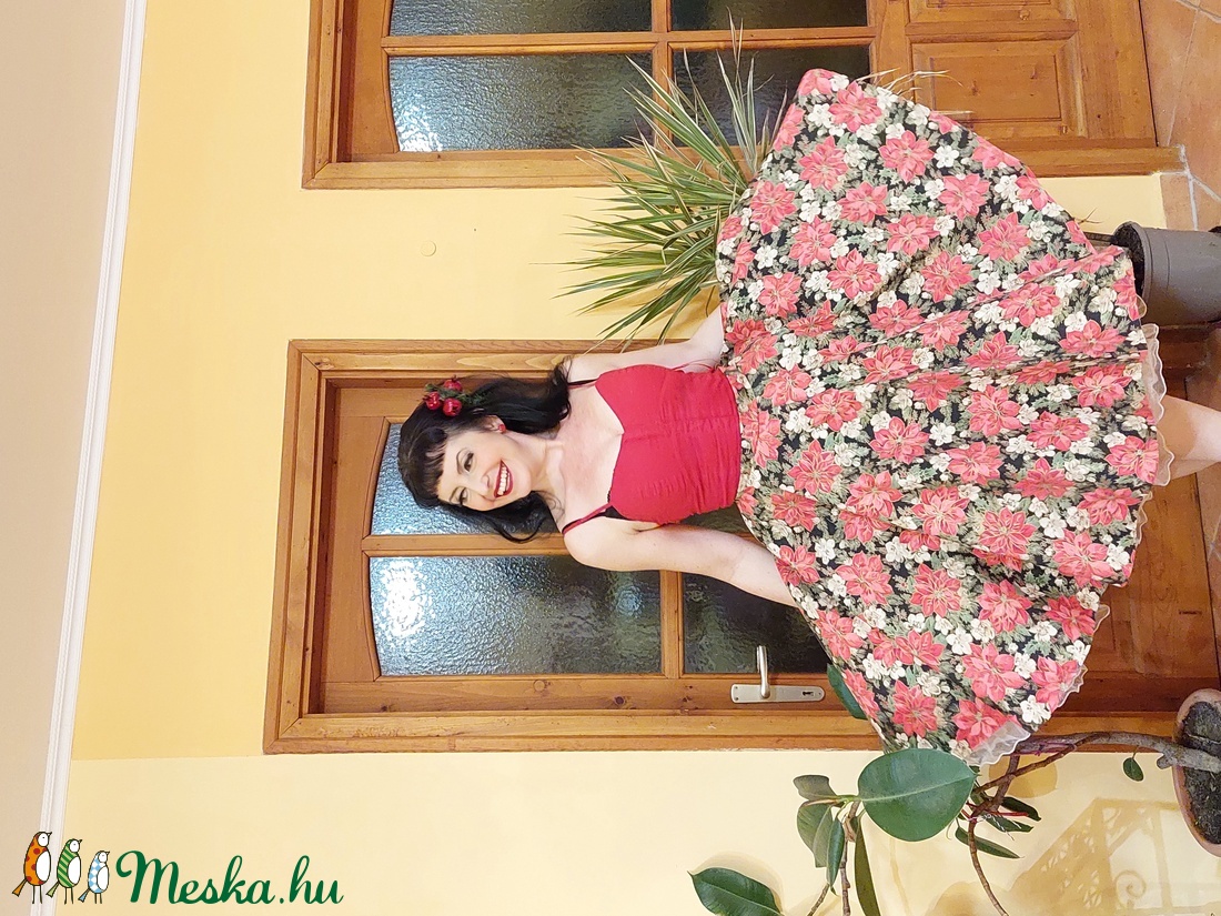 Folk Rockabilly szoknya Mikulás virágos arannyal futtatottkarácsonyi mintás  - ruha & divat - női ruha - szoknya - Meska.hu