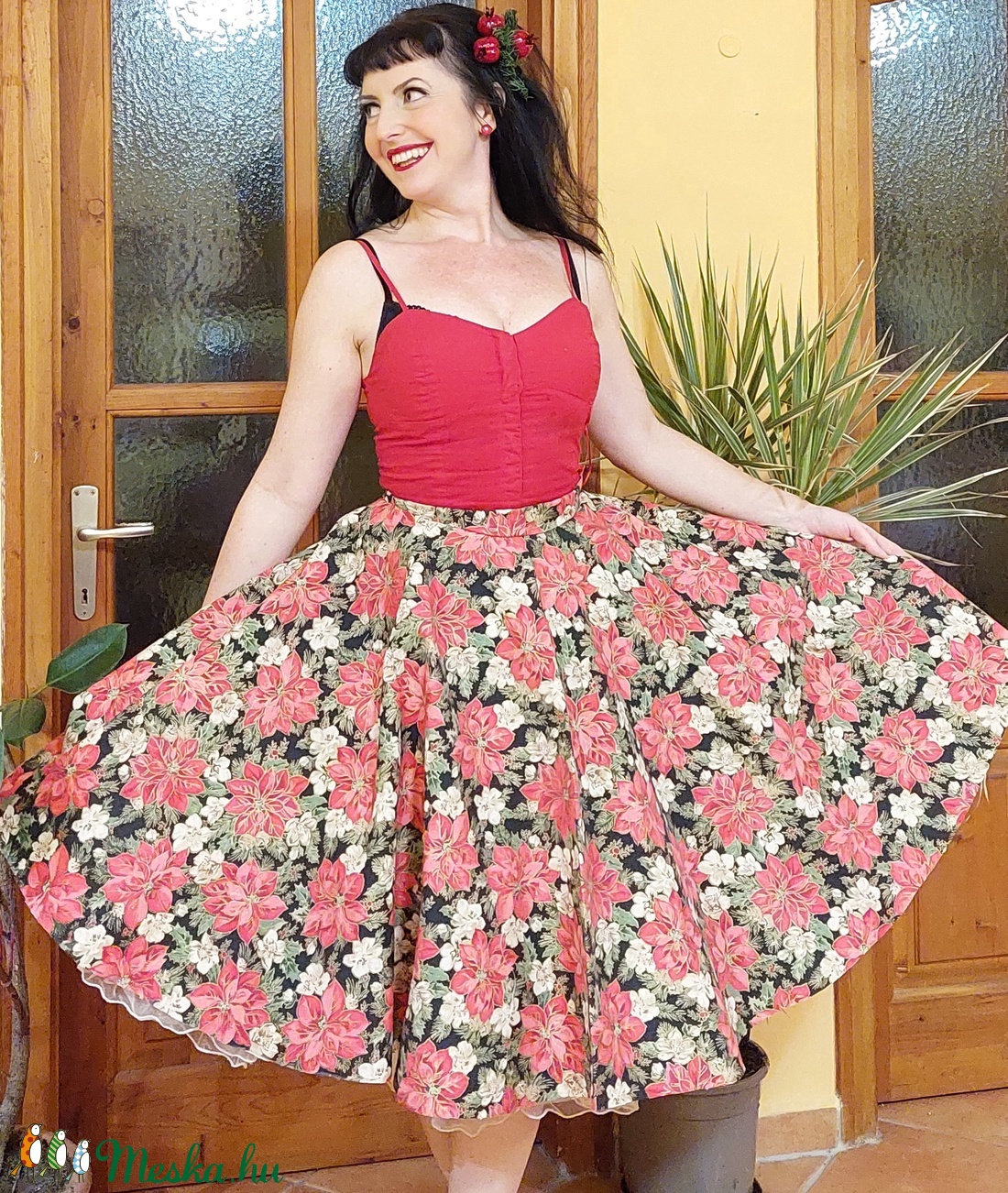 Folk Rockabilly szoknya Mikulás virágos arannyal futtatottkarácsonyi mintás  - ruha & divat - női ruha - szoknya - Meska.hu