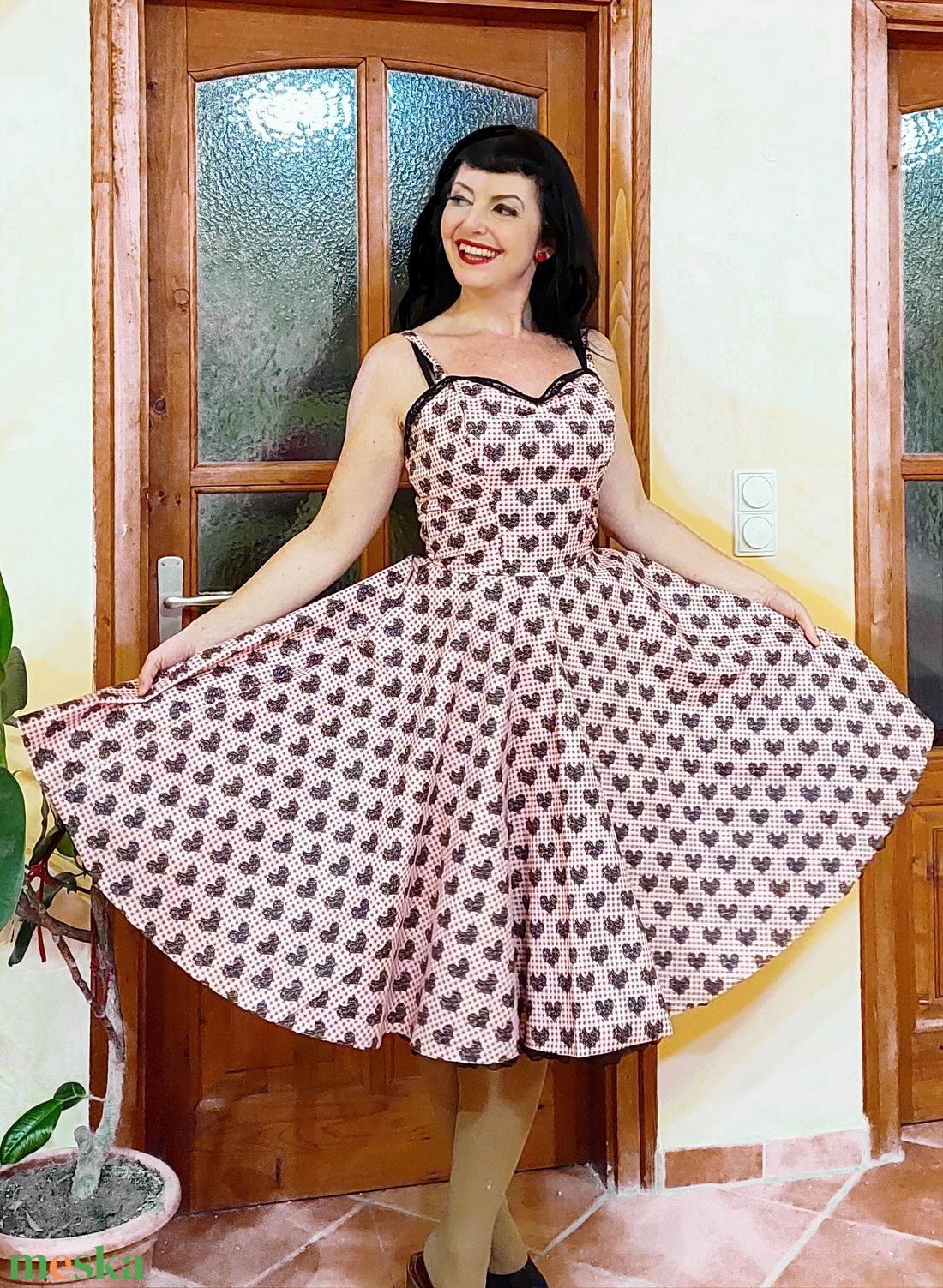 Pinup Rockabilly ruha szív mintás piros kockás alapon - ruha & divat - női ruha - ruha - Meska.hu