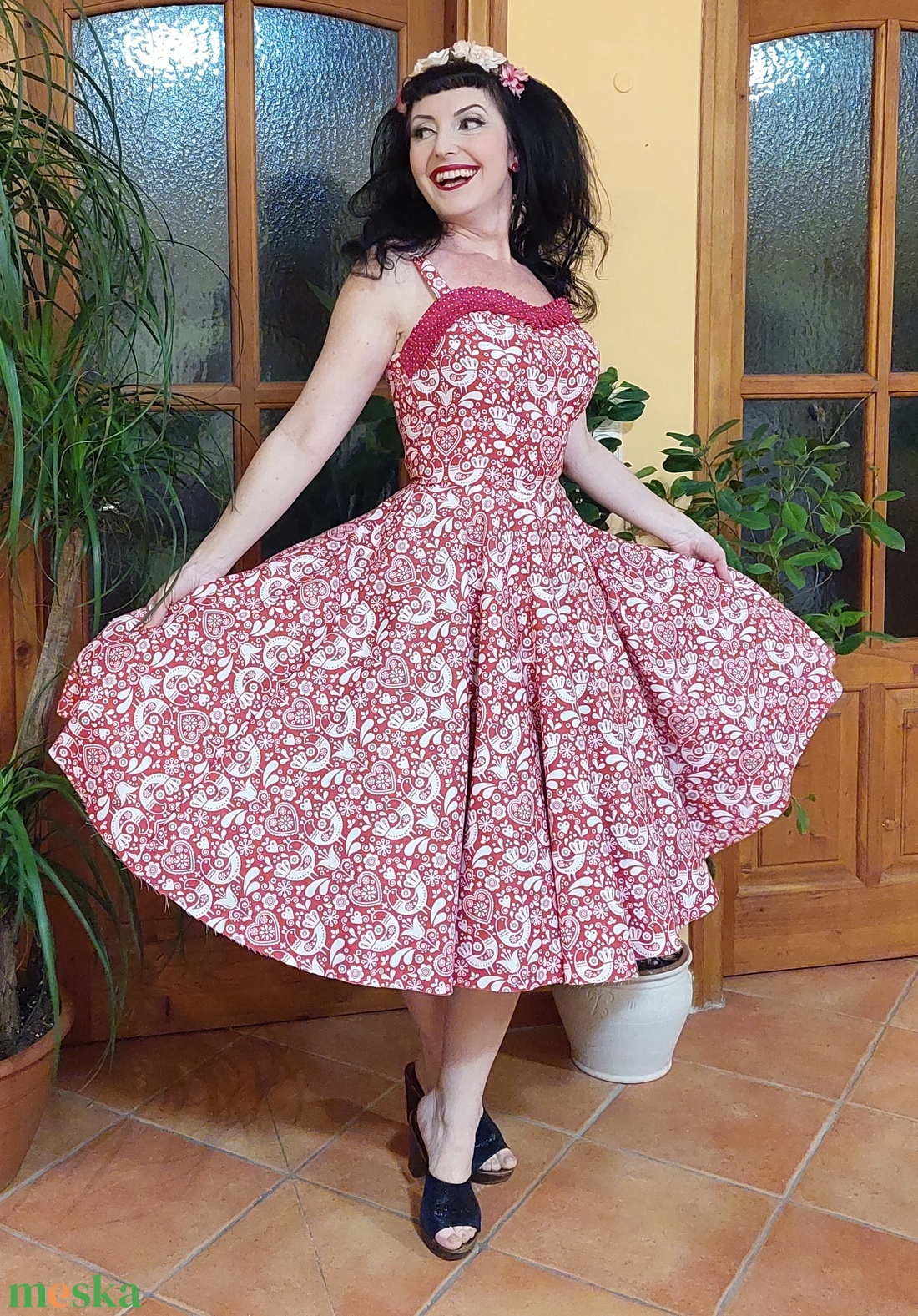 Folk Rockabilly ruha, matyó,  kalocsai népi mintás Valentin nap, néptánc  - ruha & divat - női ruha - ruha - Meska.hu