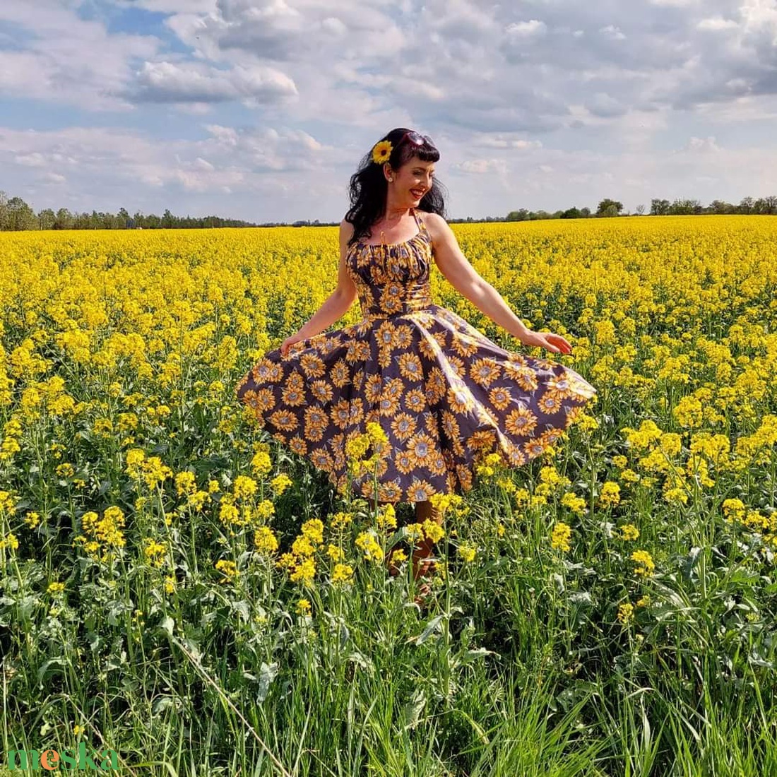 Pinup Rockabilly ruha,  napraforgó mintás  - ruha & divat - női ruha - ruha - Meska.hu