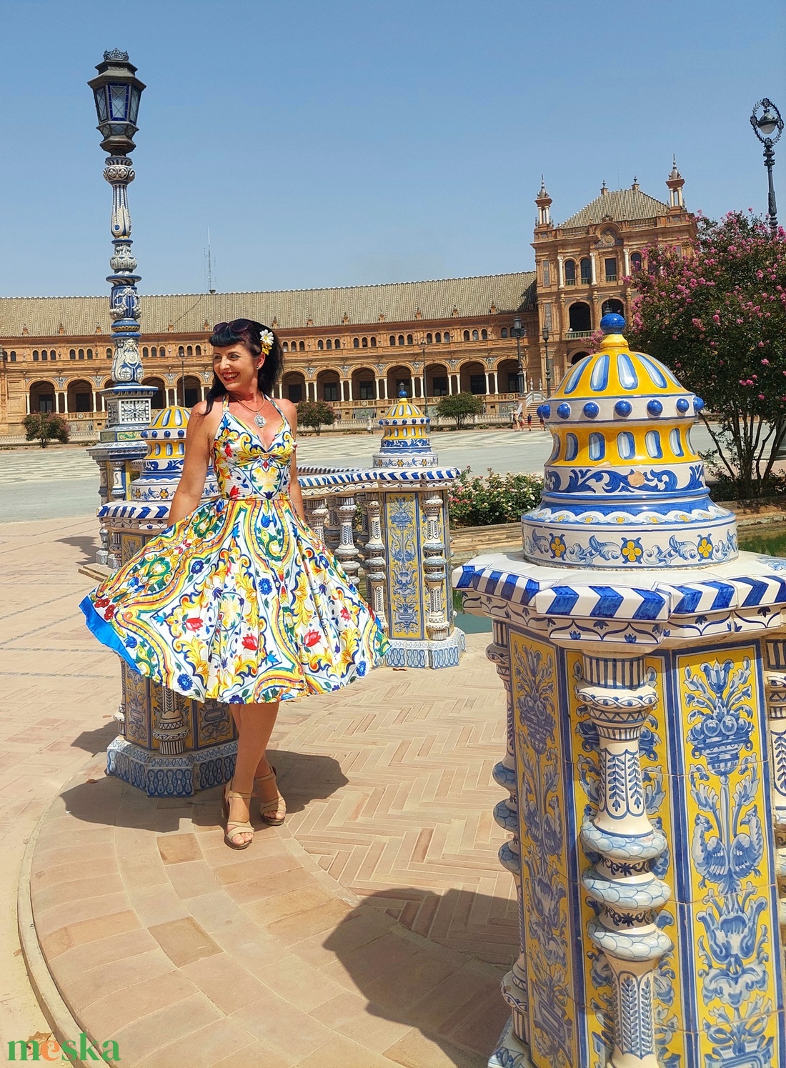 Pinup Rockabilly ruha, majolica, azulejo csempe mintás  - ruha & divat - női ruha - ruha - Meska.hu